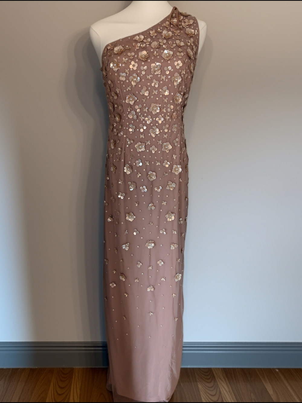 NWT Adrianna Papell 3D Floral Sequin One Shoulder Gown Dusty Rose Size 4